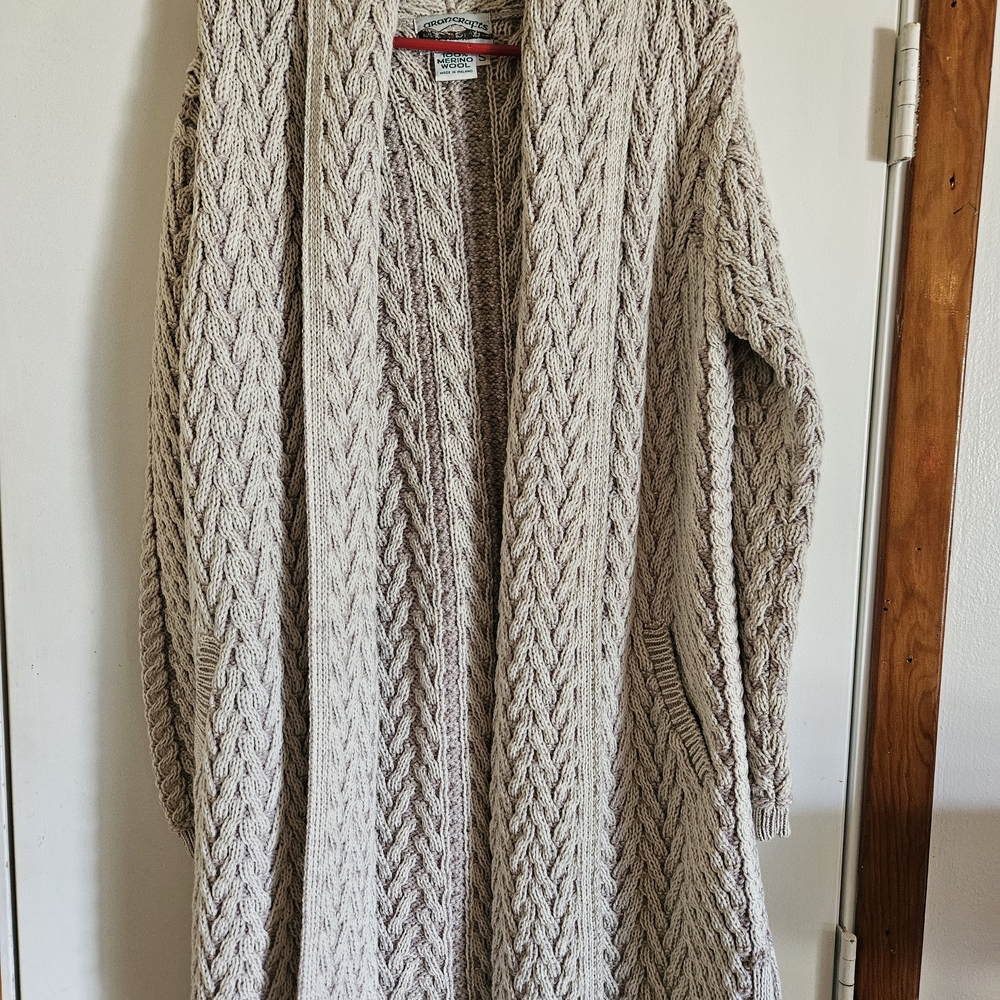 Cozy Cream Cable Knit Sweater Cardigan Aran Craft 100% Irish Morino Wool